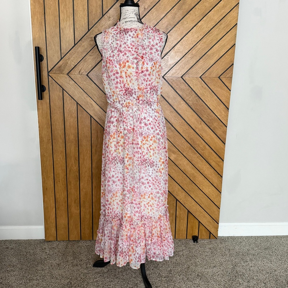 NEW Charlie Paige Chiffon Maxi Dress Womens M Pink Floral Sleeveless Cottagecore